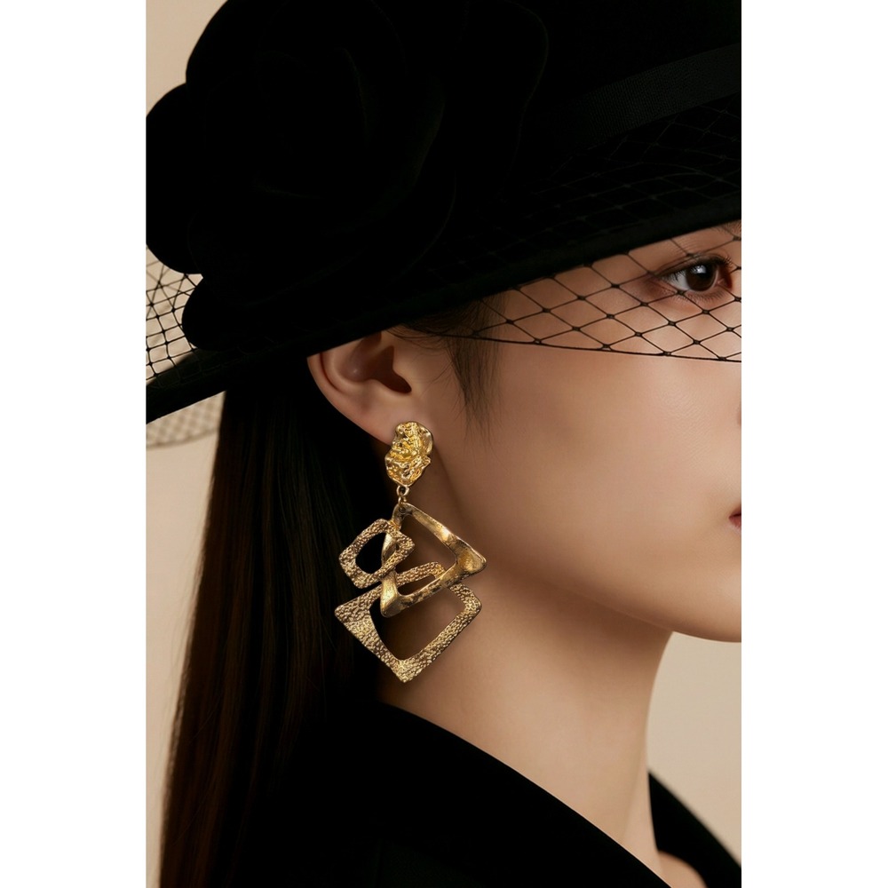 Gold Textured Geometric Interlocking Square Drop Earrings‎ Abstract Metal
